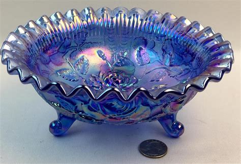 Sold At Auction Vintage Le Smith Glass Purple Iridescent Carnival Ruffled Edge Footed Bowl W Roses