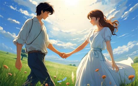 Premium Photo | Anime couple walking in a field holding hands generative ai