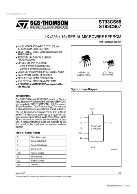 ST93CS67 Datasheet ST93CS66 ST93CS67 4K 256 X 16 SERIAL MICROWIRE