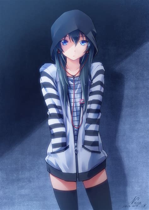 Safebooru 1girl Black Hair Black Legwear Blue Eyes Casual Collarbone Digital Media Player Hair