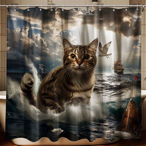 Stormy Seascape Majestic Cat Waves Paw At Old Ship Seagull Soars Above