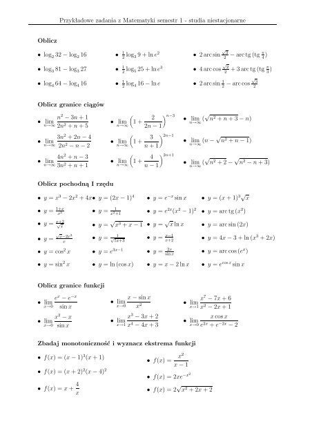 Przykładowe zadania z Matematyki semestr 1 studia