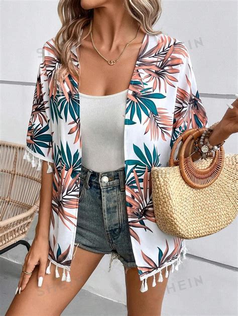 SHEIN VCAY Tropical Print Tassel Trim Batwing Sleeve Kimono SHEIN USA