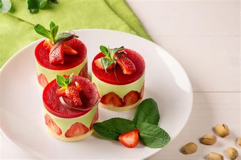 Postre francés fraisier de mousse de pistacho con bizcocho de vainilla