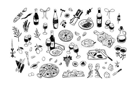 Minimalist Food And Wine Linecat Vector Illustrations Set La Dolce