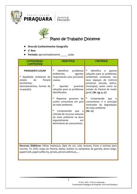 Pdf Plano De Trabalho Docente Prefeitura Municipal De Piraquara