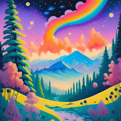 Una Pintura Colorida De Un Paisaje De Monta A Con Un R O Y Un Arco Iris