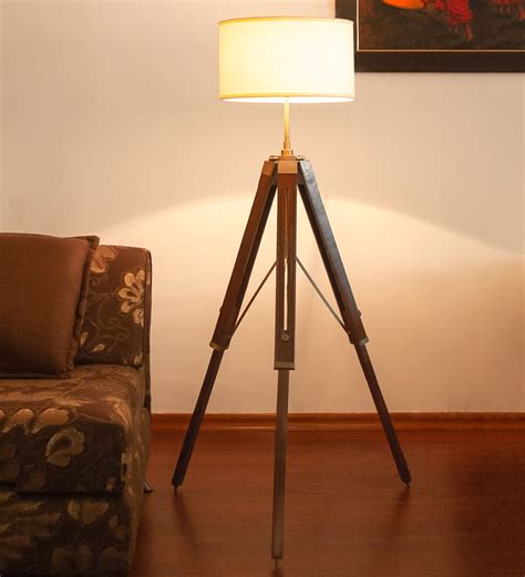 Buy Creative White Fabric Shade Tripod Floor Lamp With Wood Base At