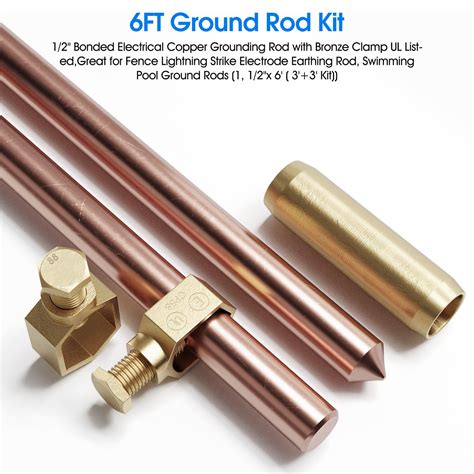 6ft Ground Rod Kit - 1/2'' Bonded Electrical Copper Grounding Rod with ...