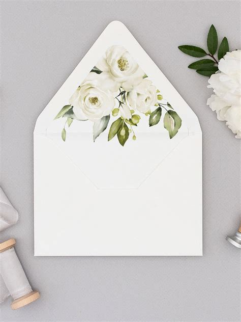 White Roses Envelope Liner Template Floral Greenery Envelope Liner Wedding Flower Envelope Liner