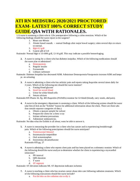 ATI RN MEDSURG 20202021 PROCTOREDEXAM LATEST 100 CORRECT STUDYGUIDE Q