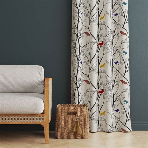 Vintage Decor Curtains Scandinavian Style Bird Print Etsy