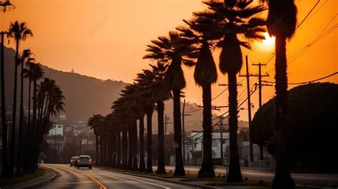 Fondo El Coche Conduce Por Una Carretera Con Palmeras Al Atardecer