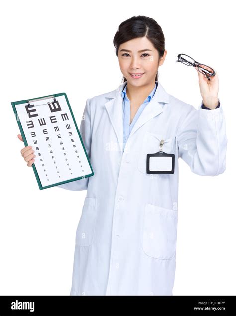 Female Optician Doctor Hold Eye Chart And Glasses Stock Photo Alamy