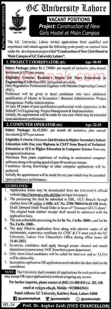 Gc University Lahore Jobs 2023 Download Application Form