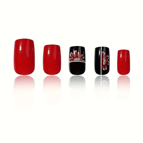 Glossy Black And Red Press On Nails Shimmer Fake Nails With Temu