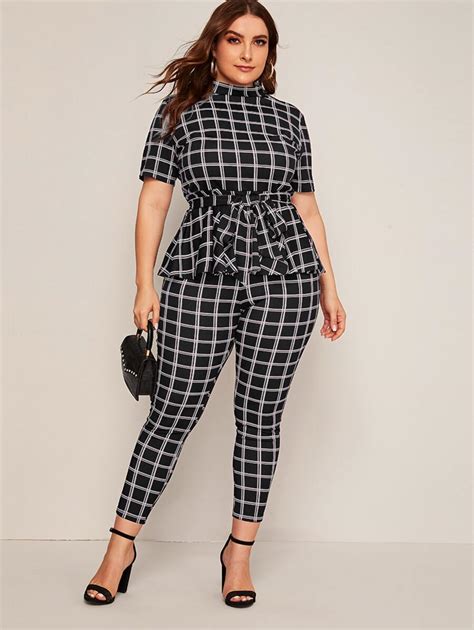 Shein Clasi Plus Mock Neck Belted Plaid Peplum Top And Leggings Set