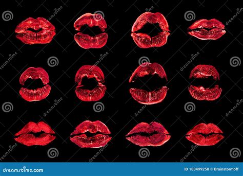 Red Lipstick Kiss Print Set Black Background Isolated Close Up, Neon ...