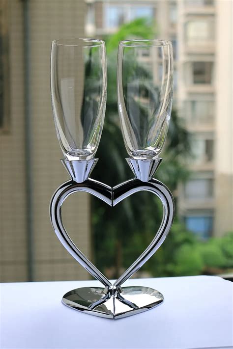 Free Shipping Fashion Silver Red Wine Cup Set 1 Pair Heart Shape Champagne Glass High Quality