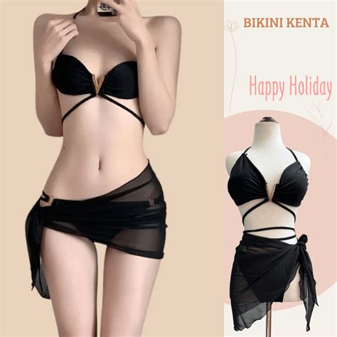 bộ đồ bơi nữ bikini đi biển nữ 3 chi tiết tam giác khoen V kèm khăn