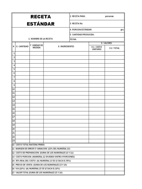 Formato Receta Estandar Pdf