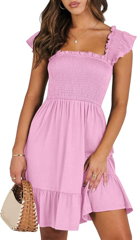 Womens Summer Casual Sleeveless Square Neck Smocked Ruffle Backless