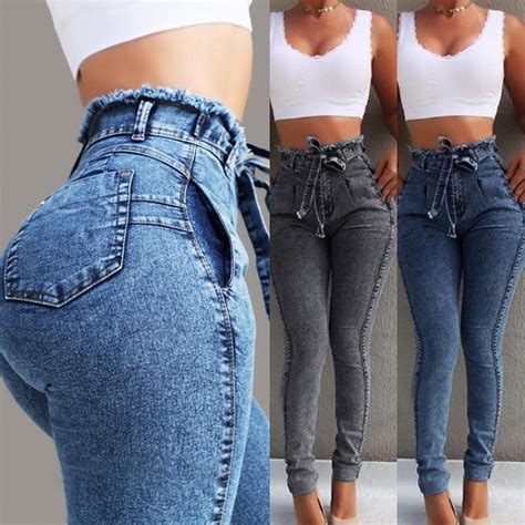 Women Pencil Stretch Casual Denim Skinny Jeans Pants High Waist Jeans Trousers Free And Fast