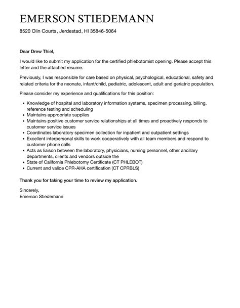 Certified Phlebotomist Cover Letter Velvet Jobs