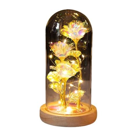 Dilwe Lumière de rose LED Rose lumineuse LED en verre sur socle en bois