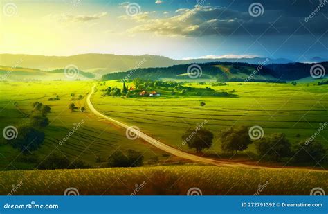 Colorful Pastoral Landscape Vector Illustration