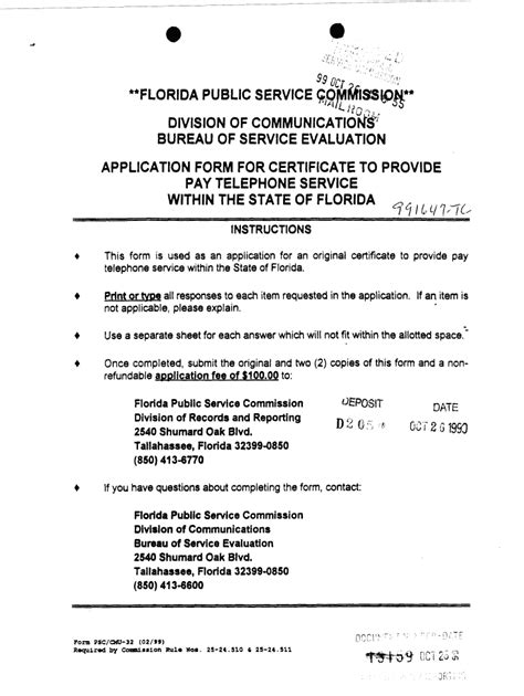 Fillable Online Psc State Fl Applicable Public Service Commission