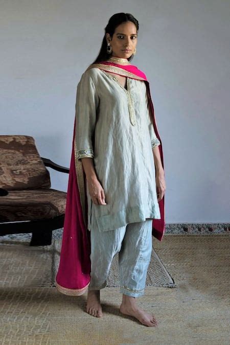 Buy Blue Kurta Handwoven Chanderi Silk And Tissue Placement With Salwar