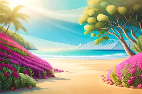 Premium AI Image | A beach scene with a tropical landscape and a ...