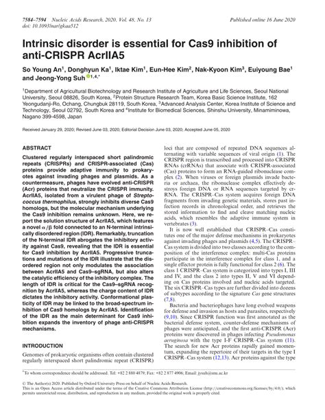 PDF Intrinsic Disorder Is Essential For Cas9 Inhibition Of Anti