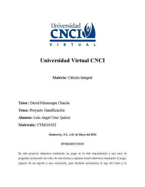 Proyecto Gamificaci N Universidad Virtual Cnci Materia C Lculo