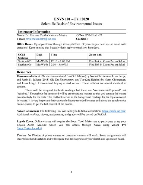 Syllabus ENVS101 Fall2020 ENVS 101 Fall 2020 Scientific Basis Of