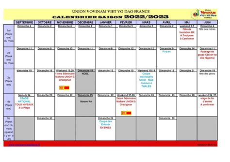 Calendrier Pr Visionnel Saison Union Vovinam Viet Vo Dao France