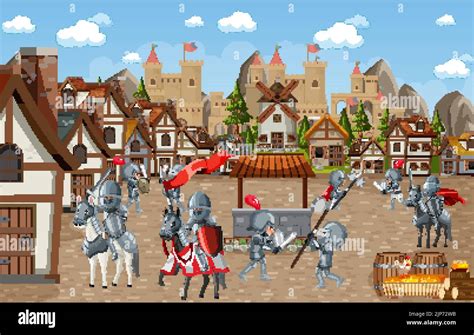 Medieval village scene castle background illustration Stock Vector ...