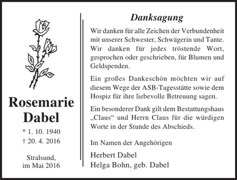 Traueranzeigen Von Rosemarie Dabel Trauer Anzeigen De