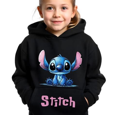 Stitch Dziecięca Bluza z kapturem Bawełniana Kangurka Dla Dzieci Czarna