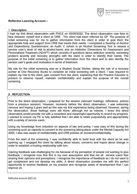 Reflective Account Direct Work 1 Reflective Learning Account 1 Description I Had My First