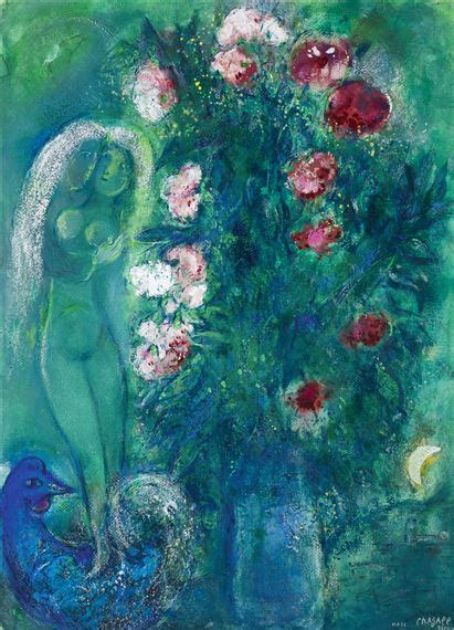 Marc Chagall BOUQUETS D ŒILLETS AUX AMOUREUX EN VERT 1950 MutualArt