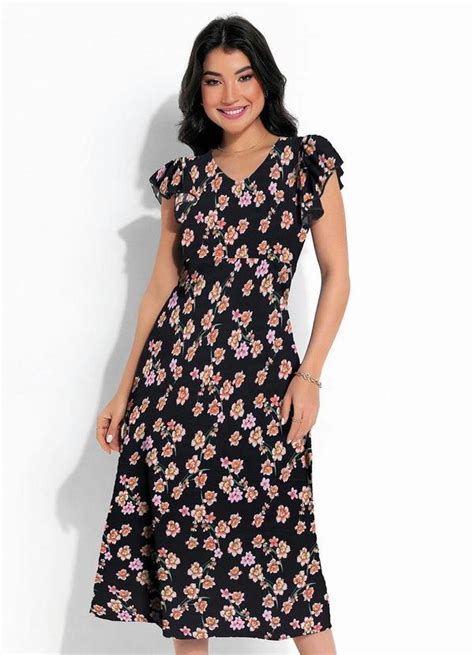 Vestido Floral Preto Babado Moda Evang Lica Rosalie