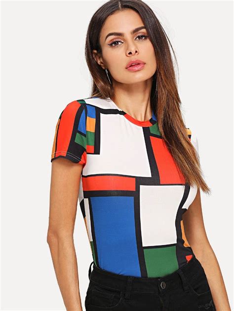 Geometric Print Color Block Top Color Block Top Women Raglan Round