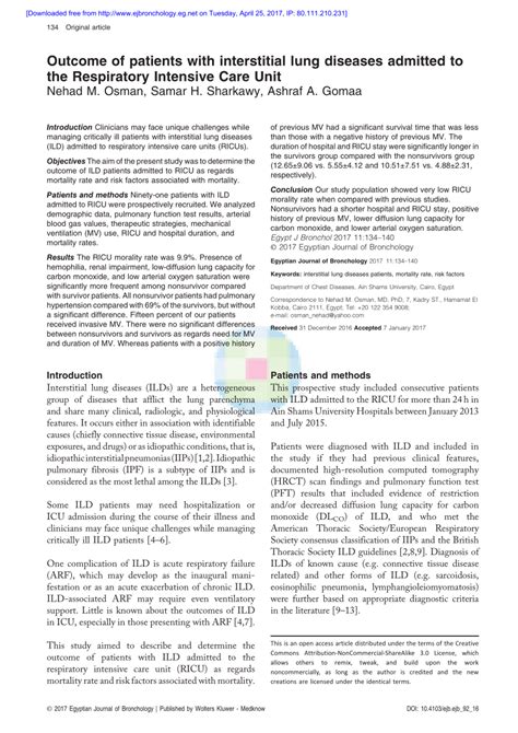 Pdf Outcome Of Patients With Interstitial Lung Diseases Admitted To The Respiratory Icu