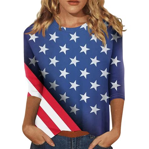 Wangxldd July 4th Tops Women Savings Clearance 3 4 Sleeve Star Stripes American Flag Graphic T