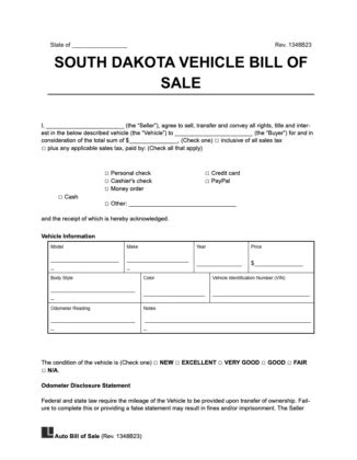 Free South Dakota Motor Vehicle Bill Of Sale Form Pdf Word