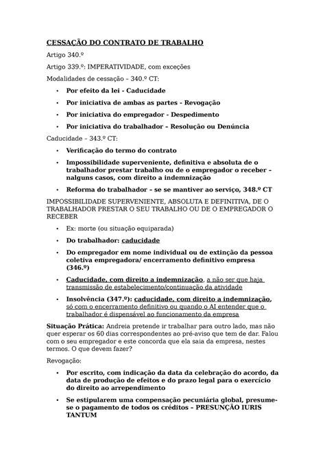 Apontamentos de Laboral Cessação do Contrato de Trabalho CESSAÇÃO