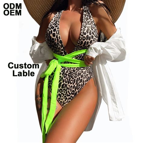 Swimsuit Monokini Bodysuit Sexy Leopard Print One Piece Halter Swimsuit Chest Hollow Sexy Bikini