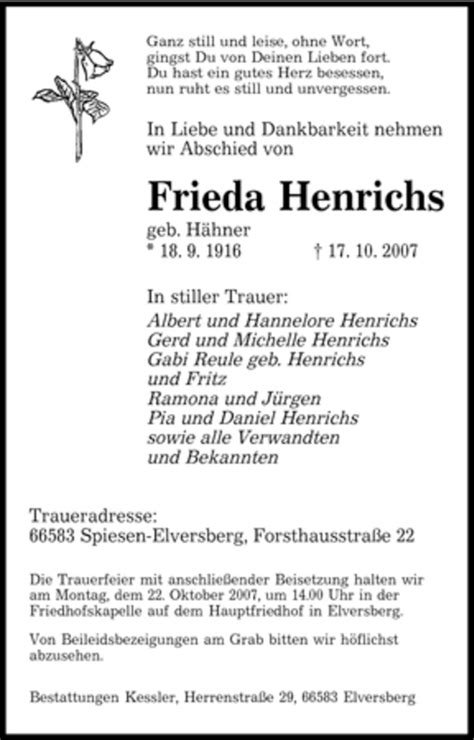 Traueranzeigen Von Frieda Henrichs Saarbruecker Zeitung Trauer De